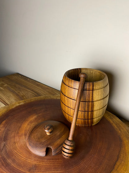 Agatha rosewood honey jar side view showing glass and wooden lid