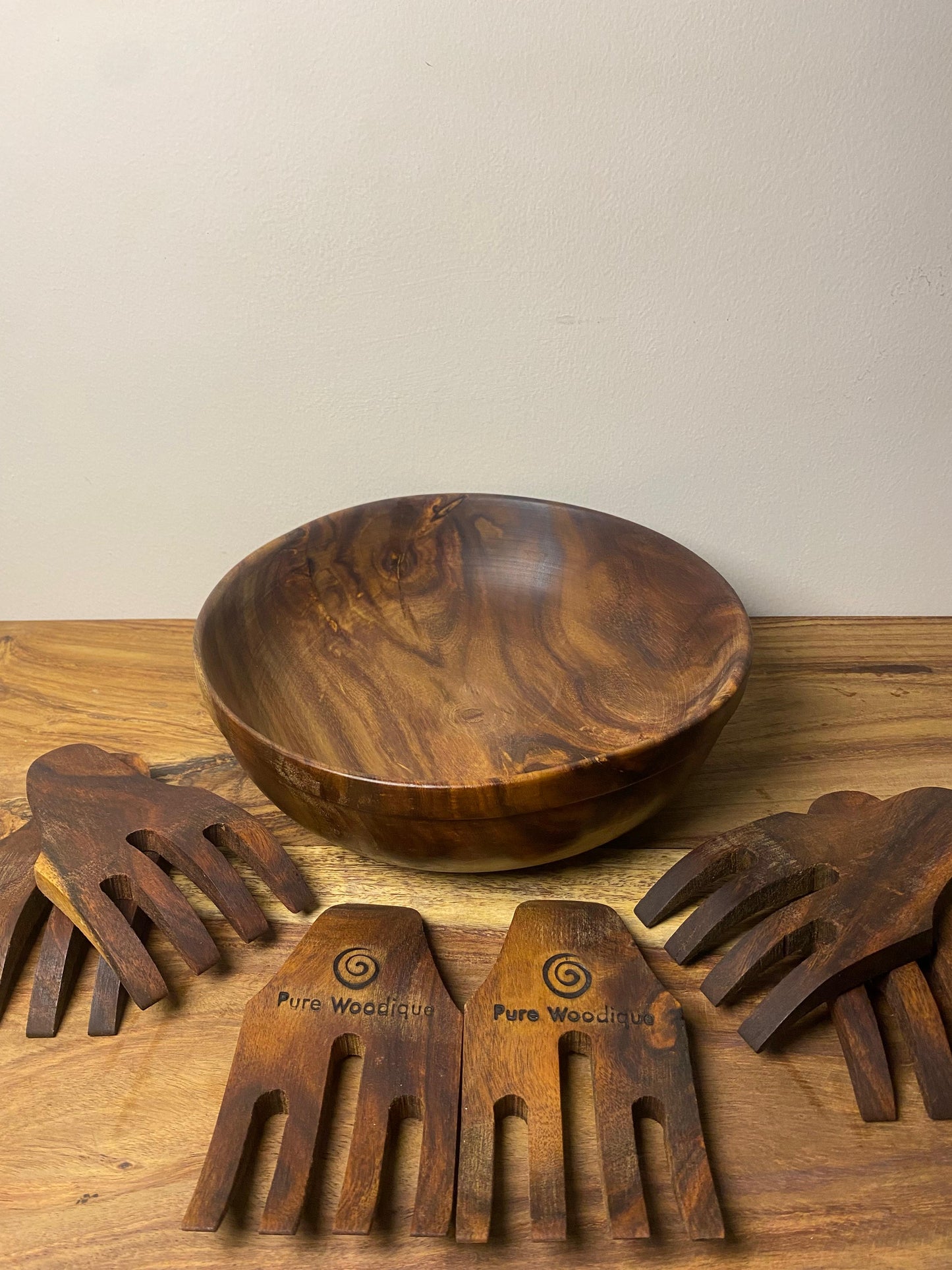 Rosewood salad tossers close up showing grain and carved detail Pure Woodique