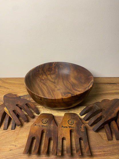 Rosewood salad tossers close up showing grain and carved detail Pure Woodique